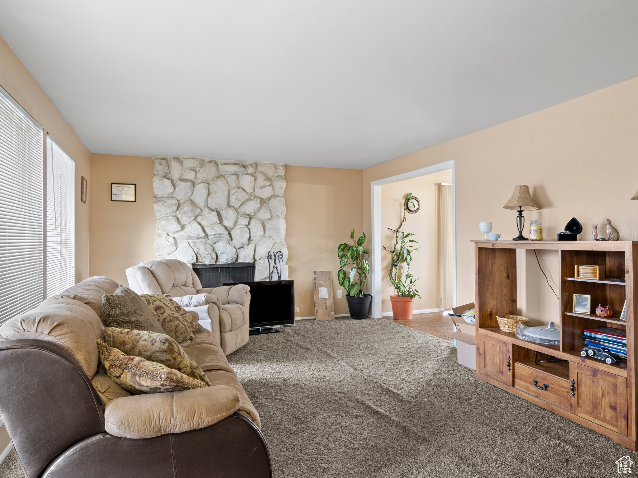 Living room with a fireplace and carpet floors