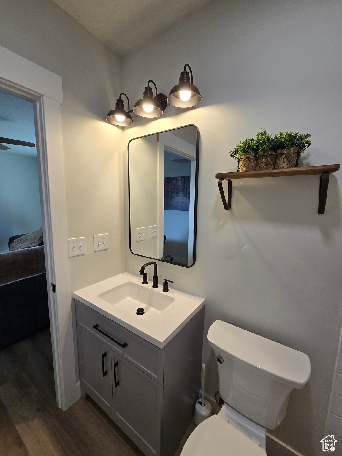 Bathroom featuring vanity, wood-type flooring, and toilet