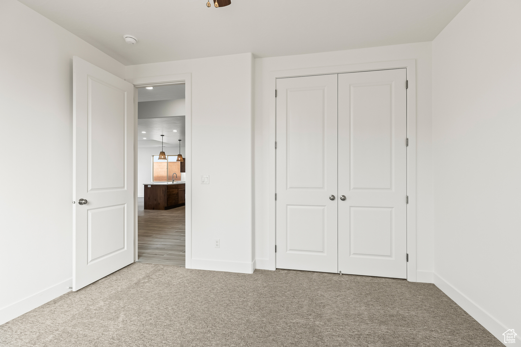 Unfurnished bedroom featuring carpet flooring, sink, and a closet