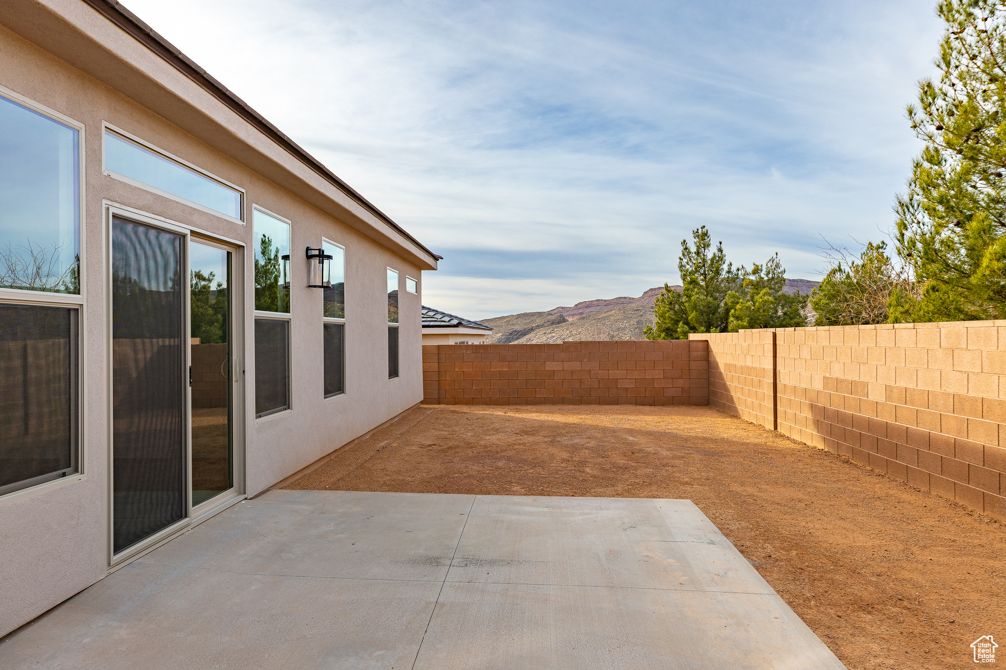 View of patio with a mountain view