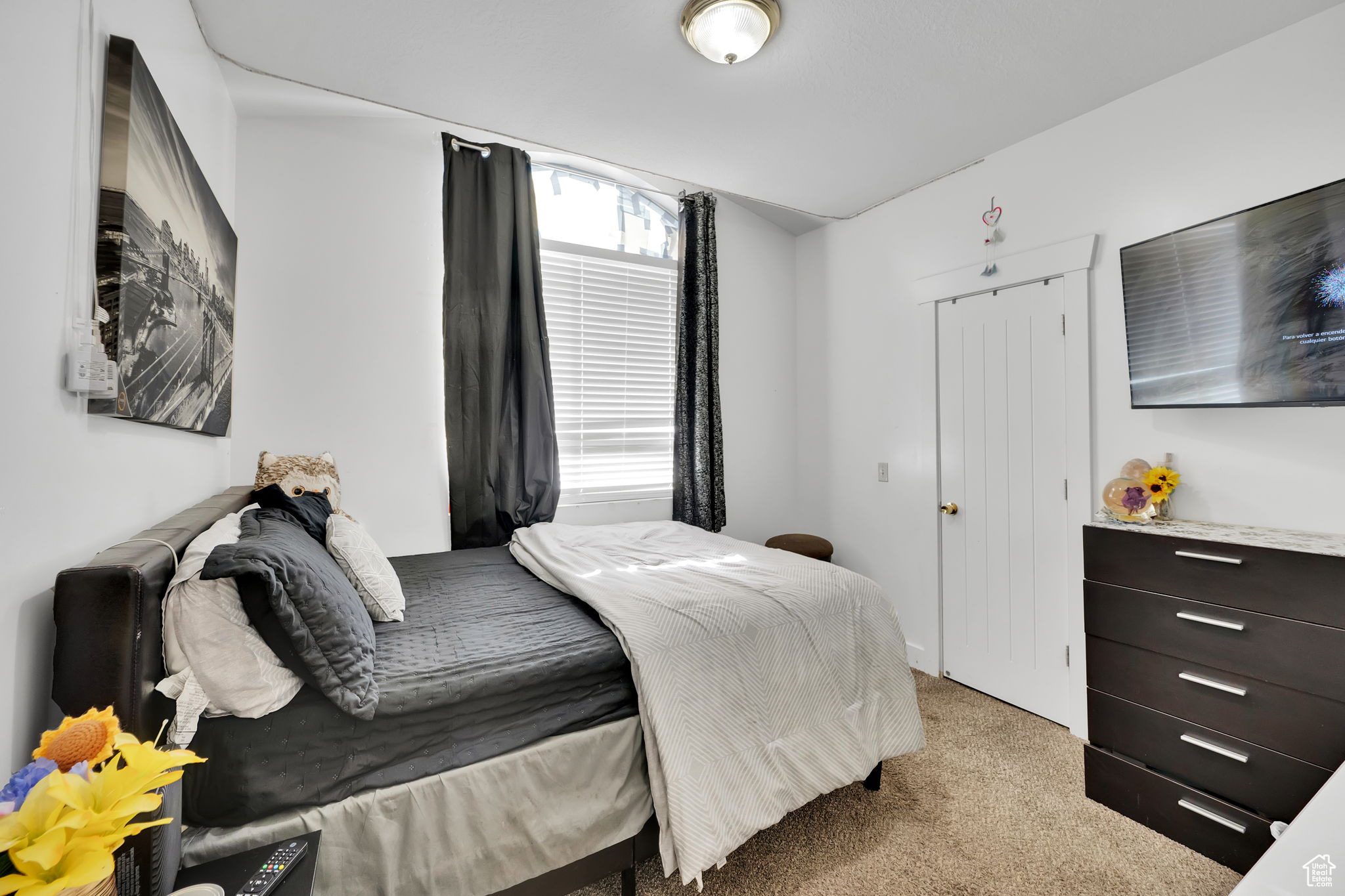 Bedroom with light carpet