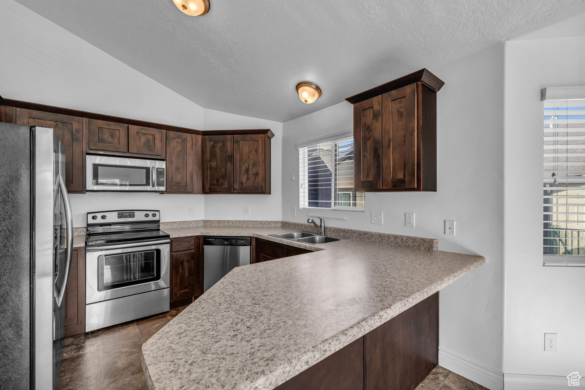 Kitchen featuring sink, vaulted ceiling, dark brown cabinetry, kitchen peninsula, and stainless steel appliances