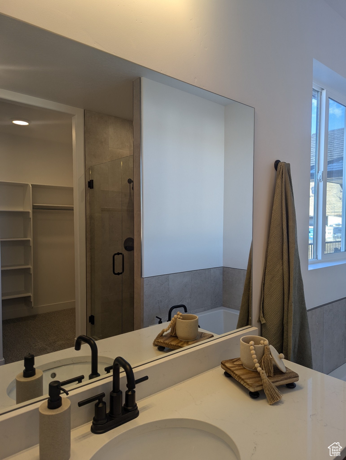 Bathroom featuring sink, a wealth of natural light, and walk in shower