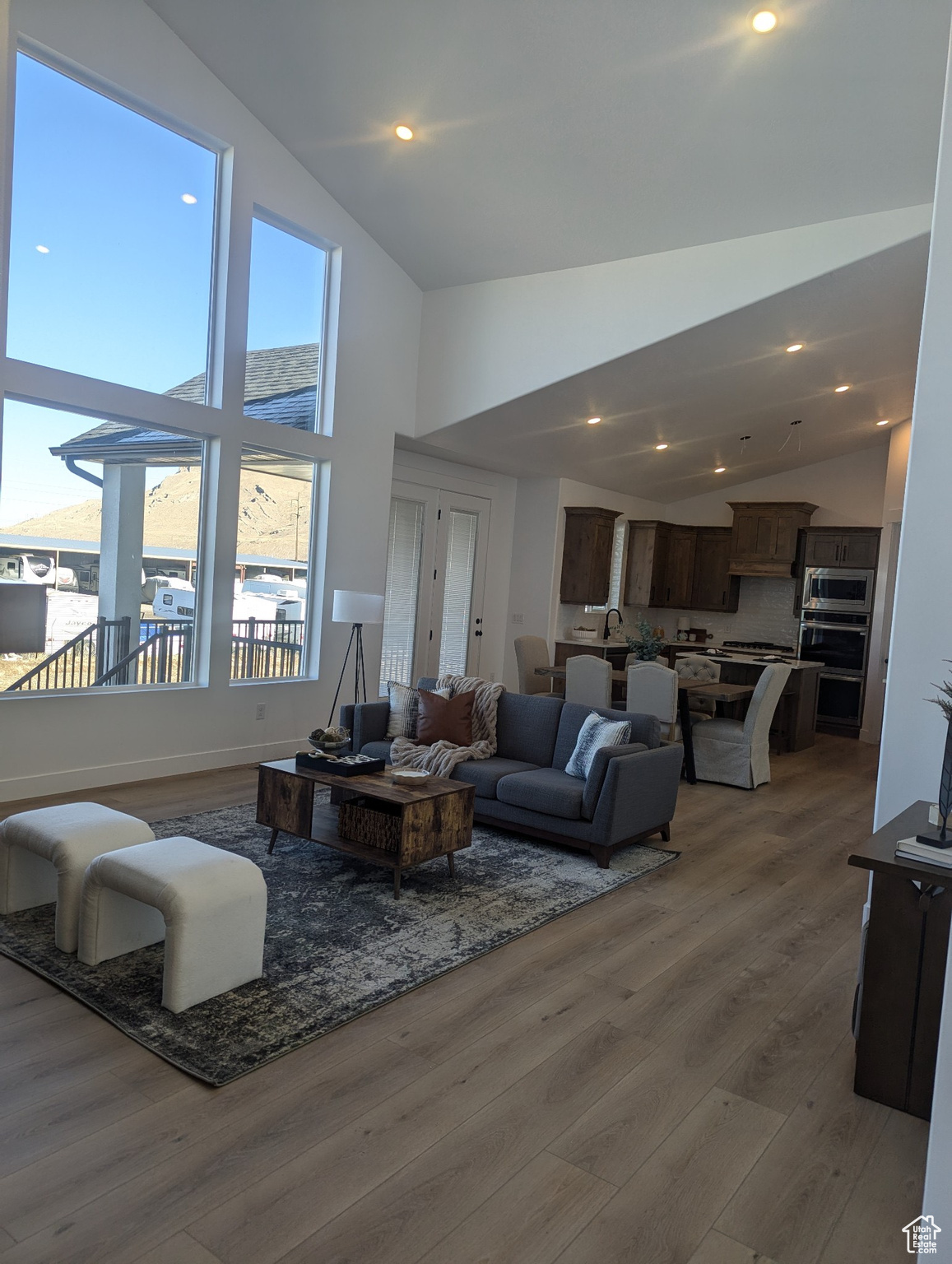 Living room with wood-type flooring and high vaulted ceiling