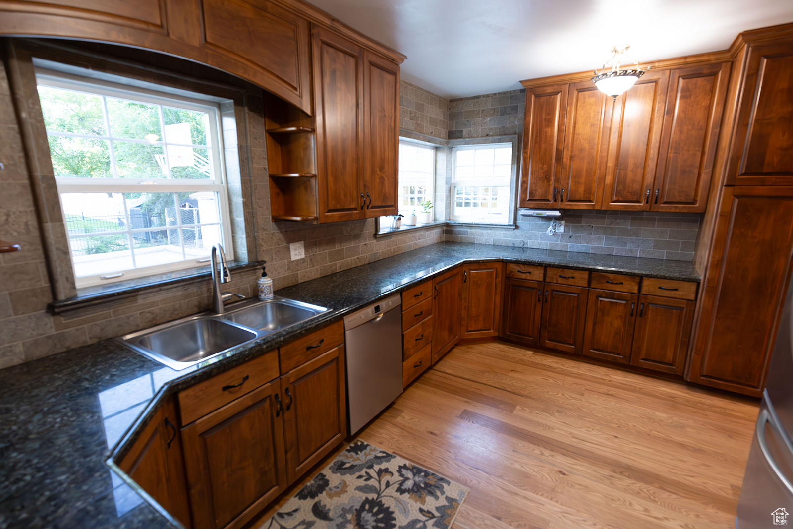 Kitchen with dishwasher, light hardwood / wood-style floors, plenty of natural light, and sink