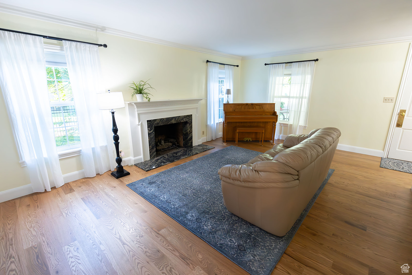 Living room with a premium fireplace, hardwood / wood-style floors, and crown molding