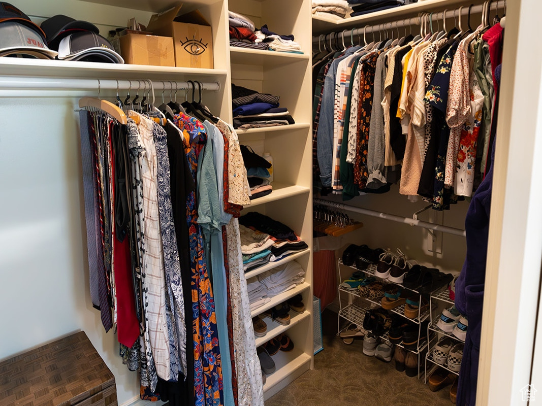 Spacious closet featuring dark carpet