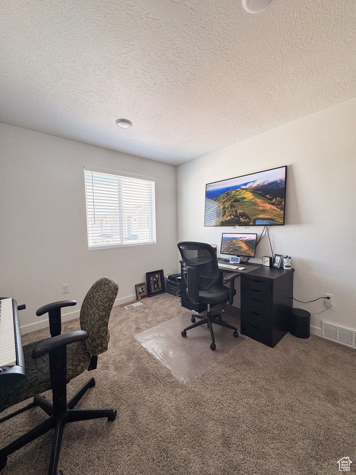 Home office with carpet flooring and a textured ceiling