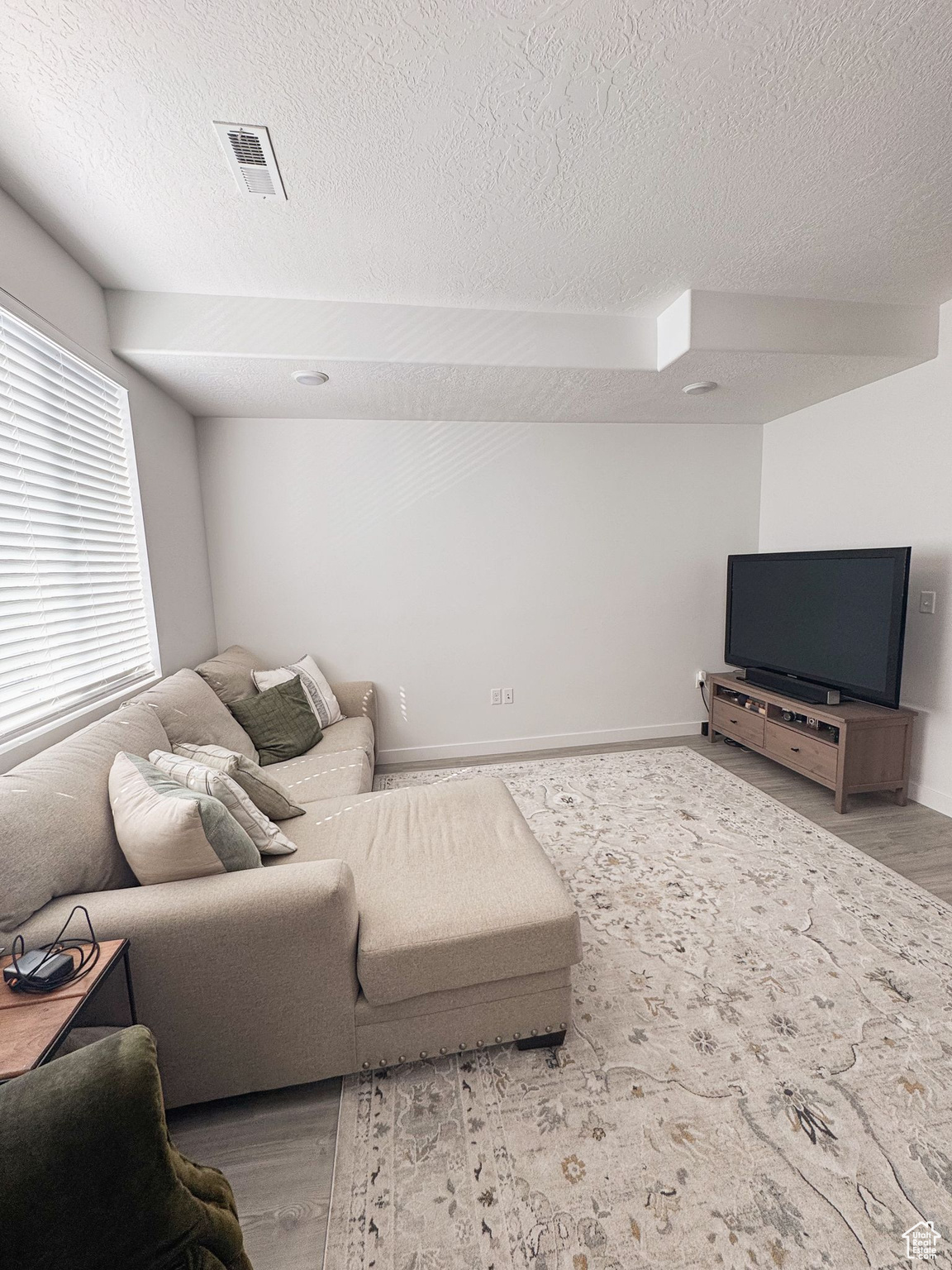 Living room with hardwood / wood-style floors and a textured ceiling