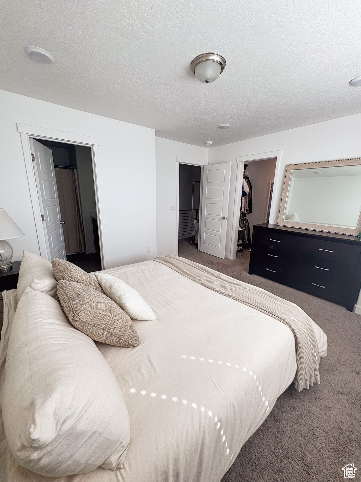 Carpeted bedroom featuring a walk in closet, a closet, and a textured ceiling