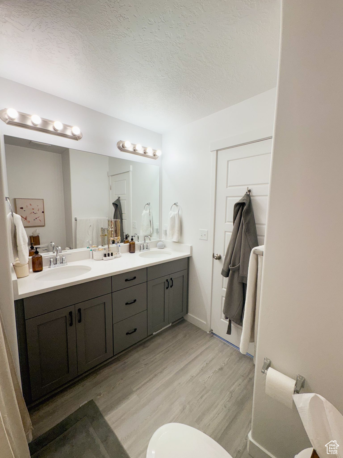 Bathroom with hardwood / wood-style floors, vanity, toilet, and a textured ceiling