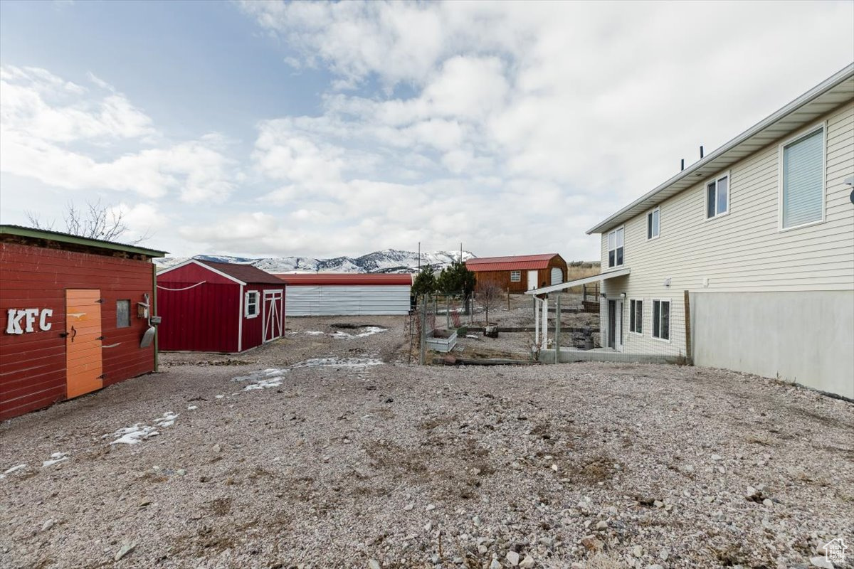 View of yard featuring a shed