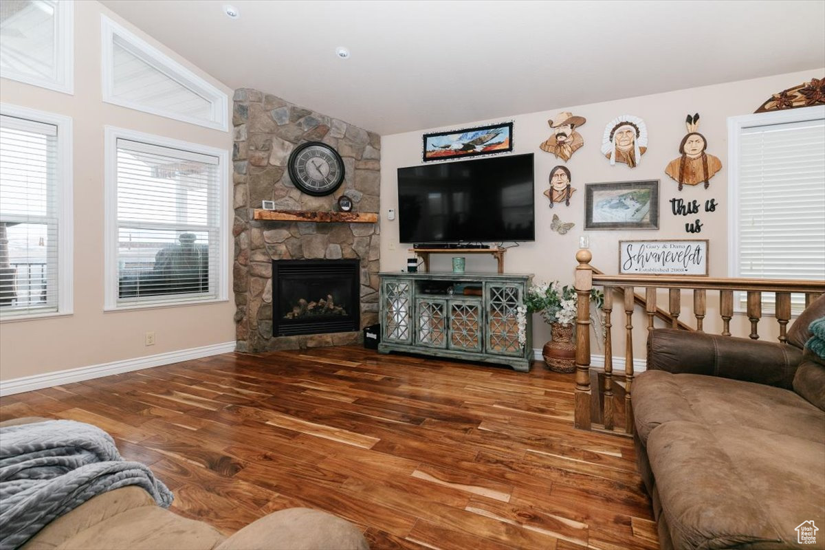 Living room featuring a fireplace and wood-type flooring