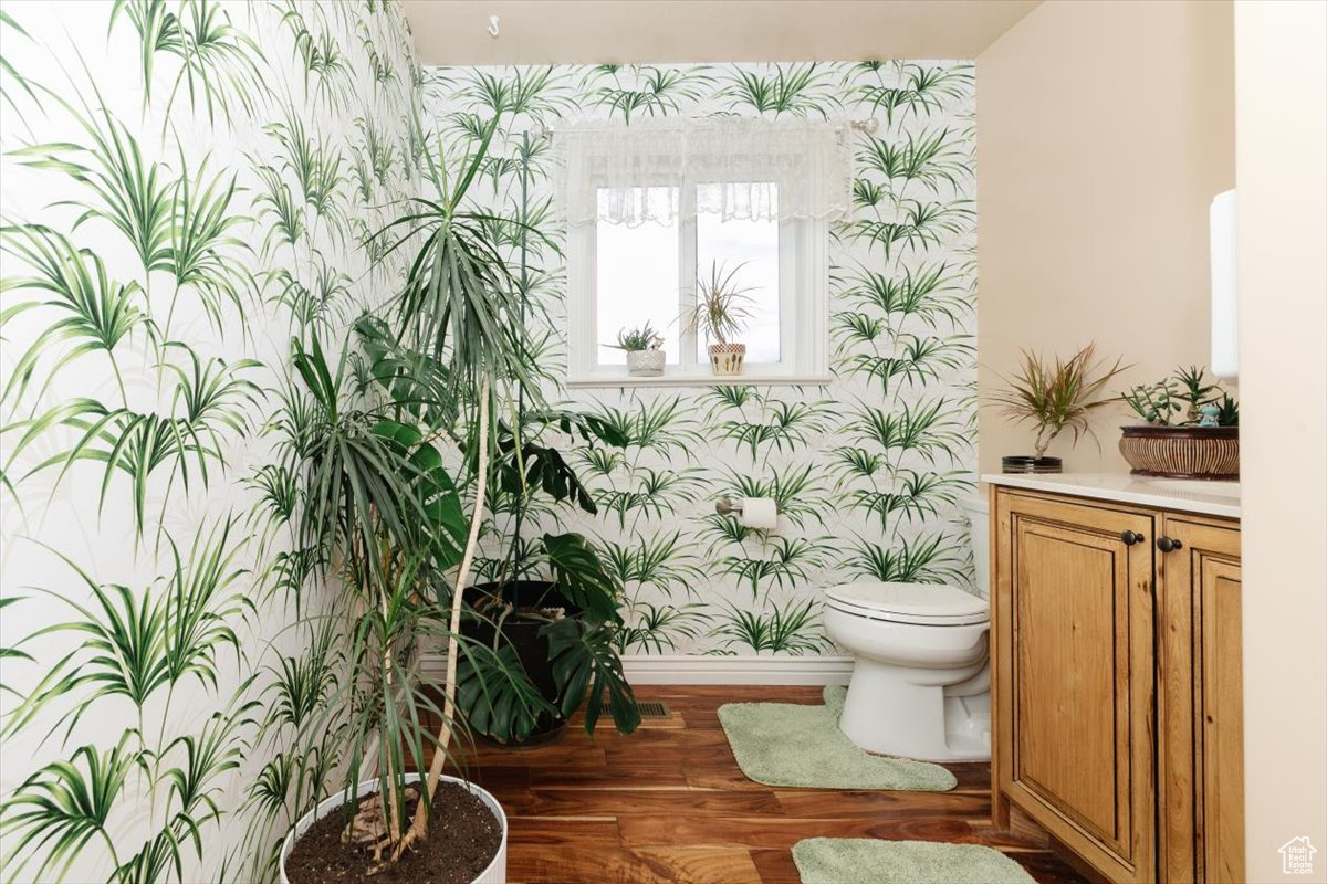 Bathroom featuring hardwood / wood-style floors, vanity, and toilet