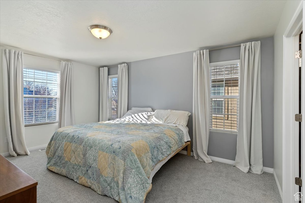 Carpeted bedroom featuring multiple windows