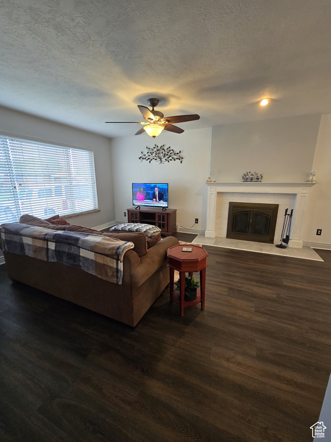 Living room with ceiling fan and dark hardwood / wood-style flooring