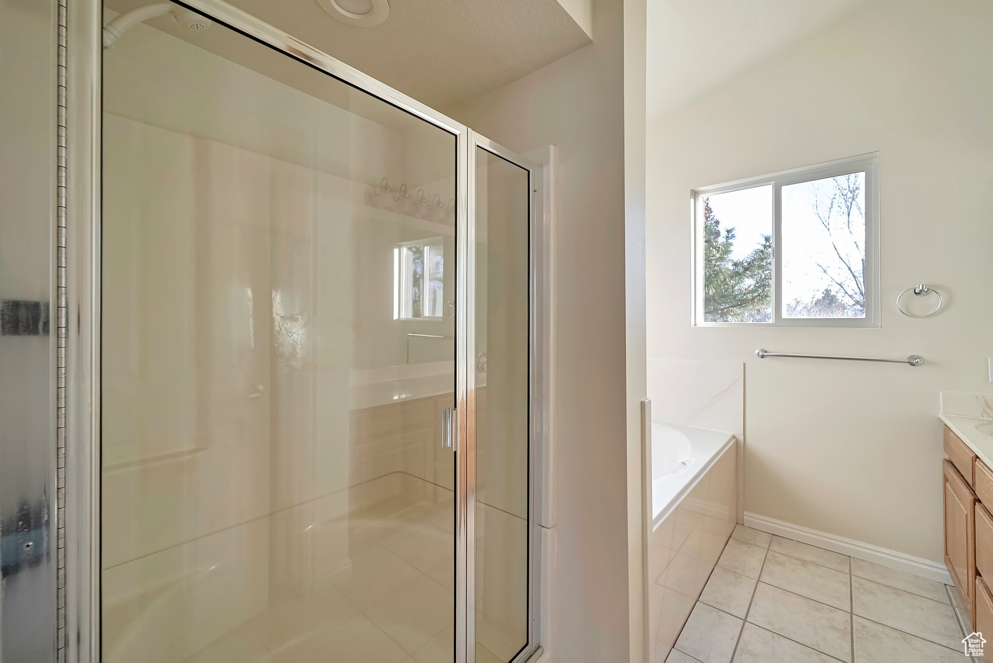 Bathroom featuring tile patterned flooring, vanity, and shower with separate bathtub