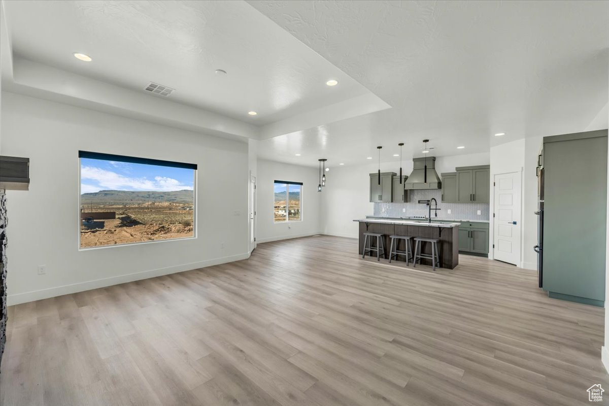 Unfurnished living room featuring light hardwood / wood-style floors, a raised ceiling, and sink