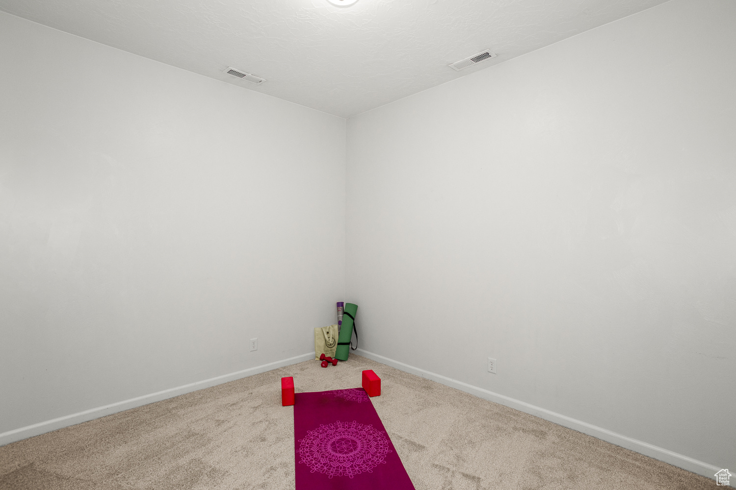 Exercise area with light colored carpet