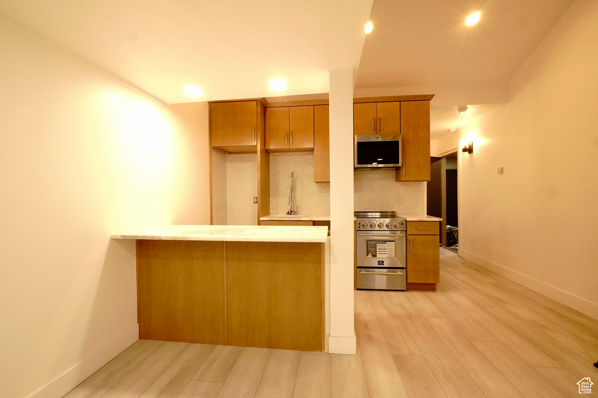 Kitchen with light hardwood / wood-style flooring, sink, stainless steel appliances, and tasteful backsplash