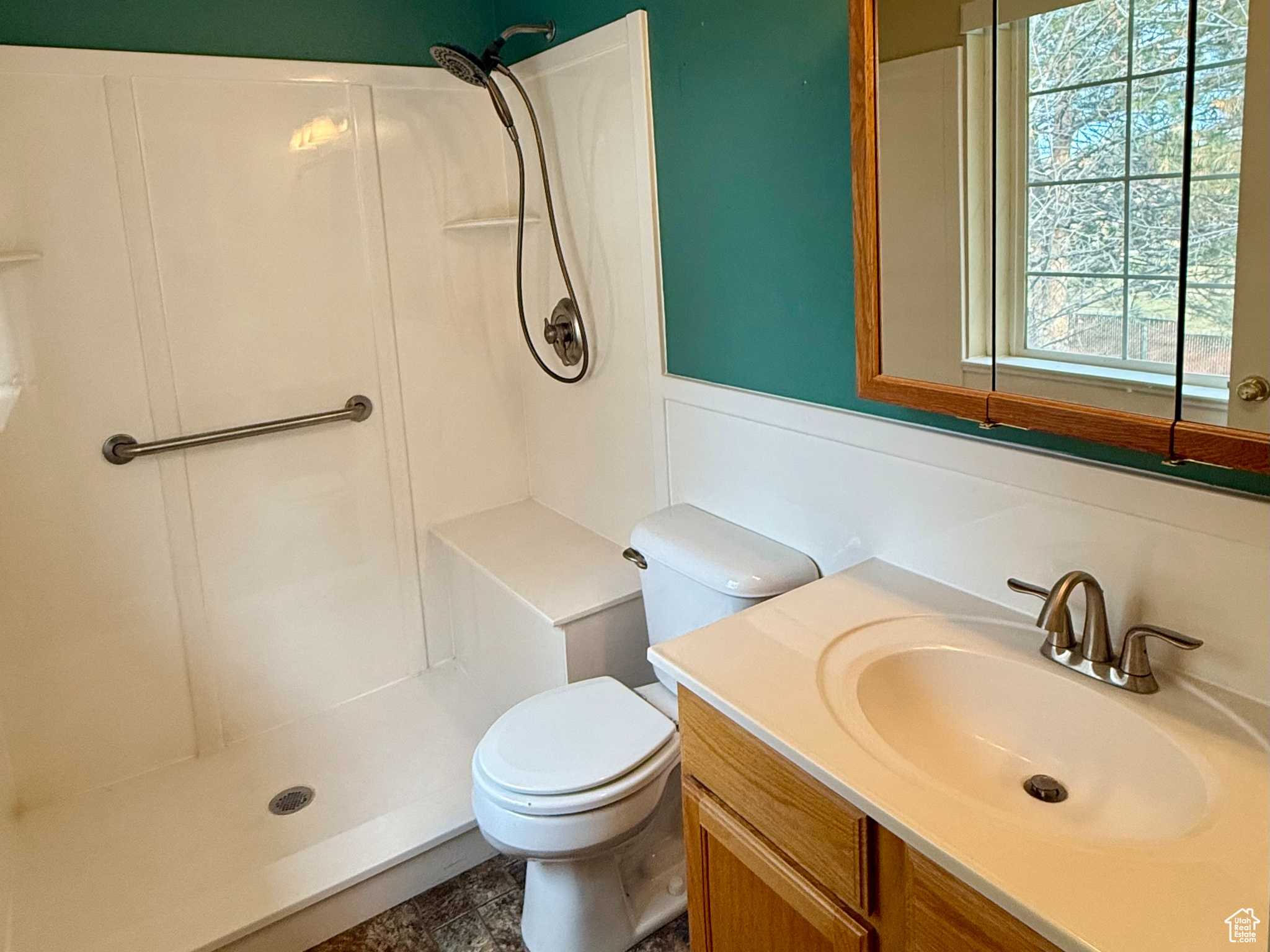 Bathroom with toilet, vanity, and walk in shower