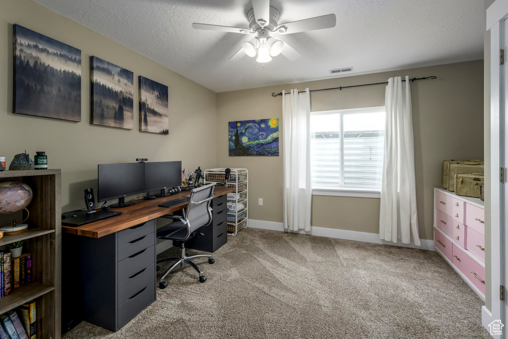 Office featuring light carpet, a textured ceiling, and ceiling fan