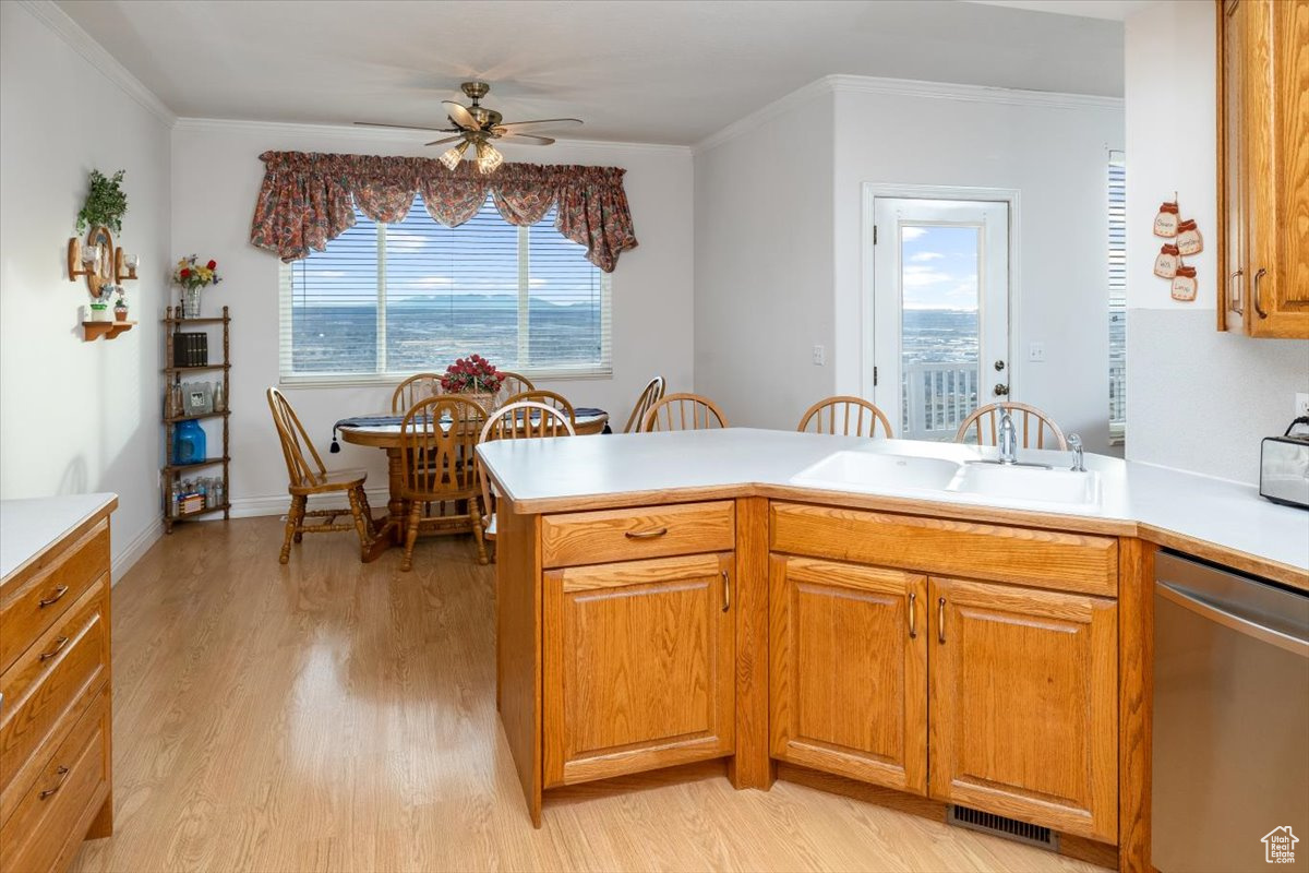 Kitchen featuring light hardwood / wood-style floors, stainless steel dishwasher, crown molding, and sink