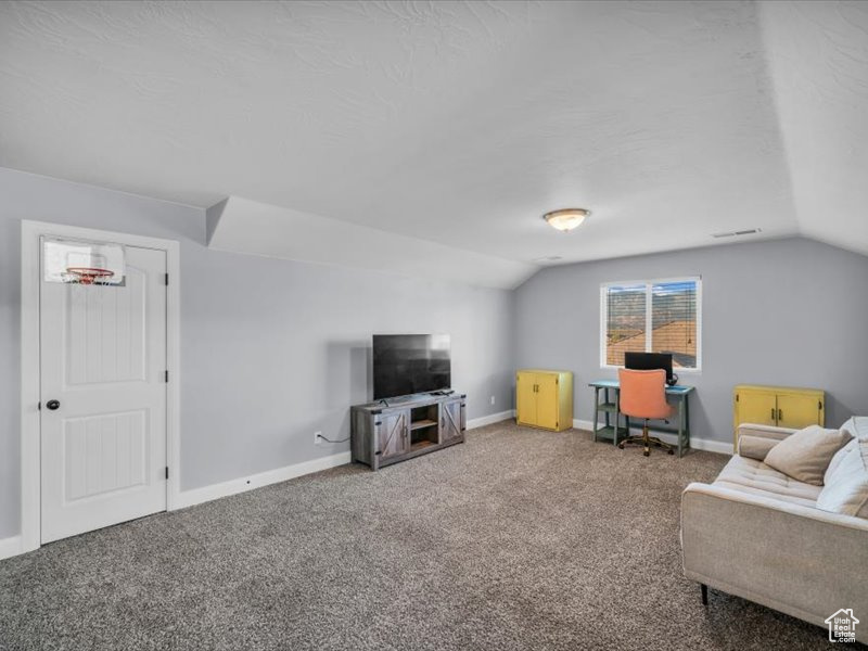 Carpeted living room featuring lofted ceiling