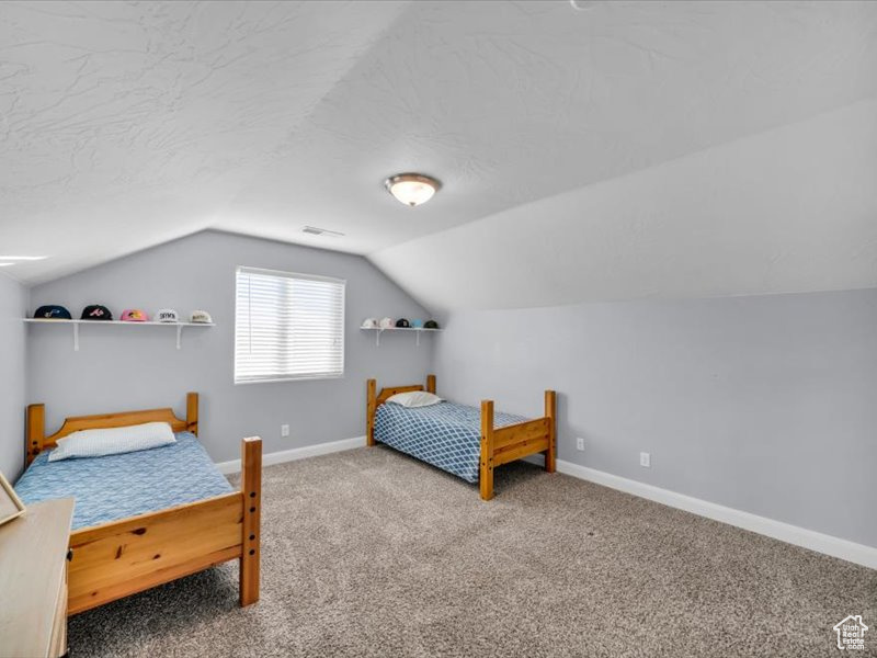 Bedroom with lofted ceiling and carpet floors