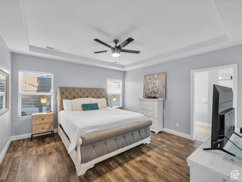 Bedroom featuring ceiling fan, a raised ceiling, and dark wood-type flooring