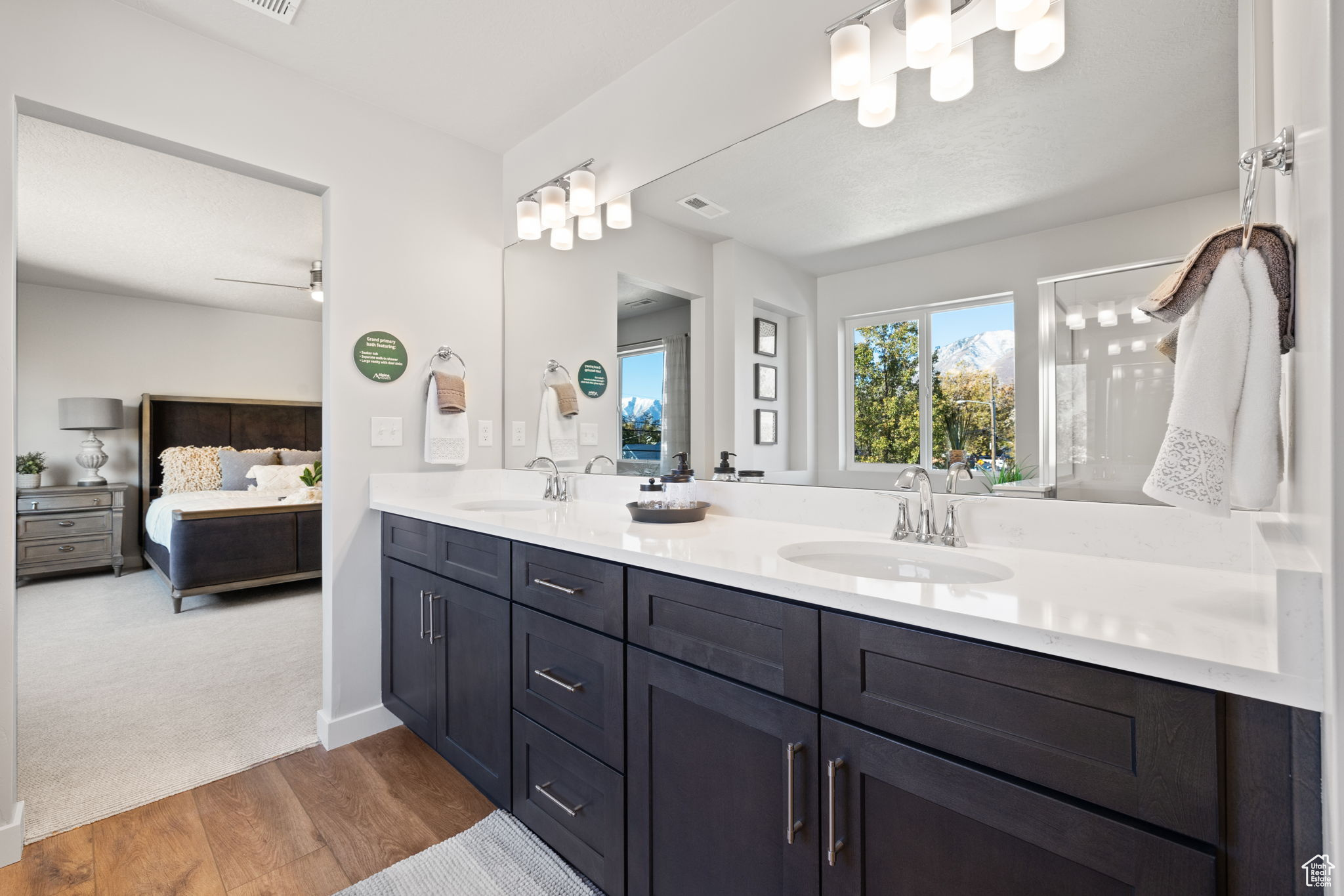 Bathroom featuring wood-type flooring, vanity, and an enclosed shower