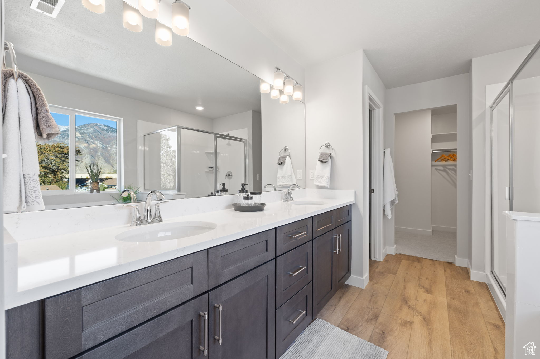 Bathroom with vanity, wood-type flooring, and an enclosed shower