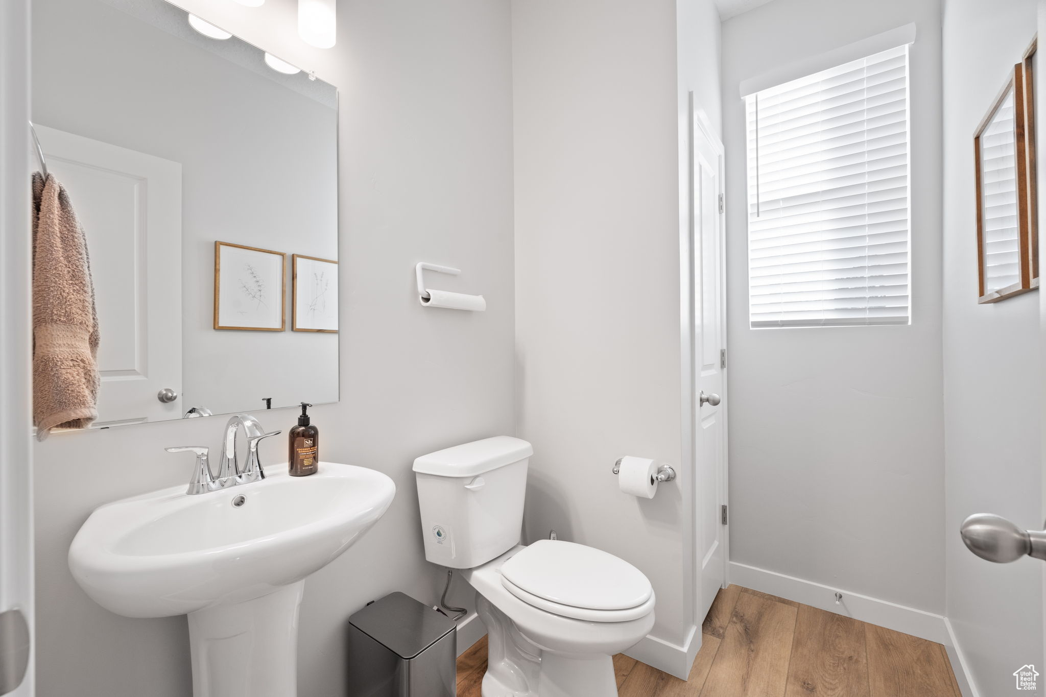 Bathroom with hardwood / wood-style flooring, sink, and toilet