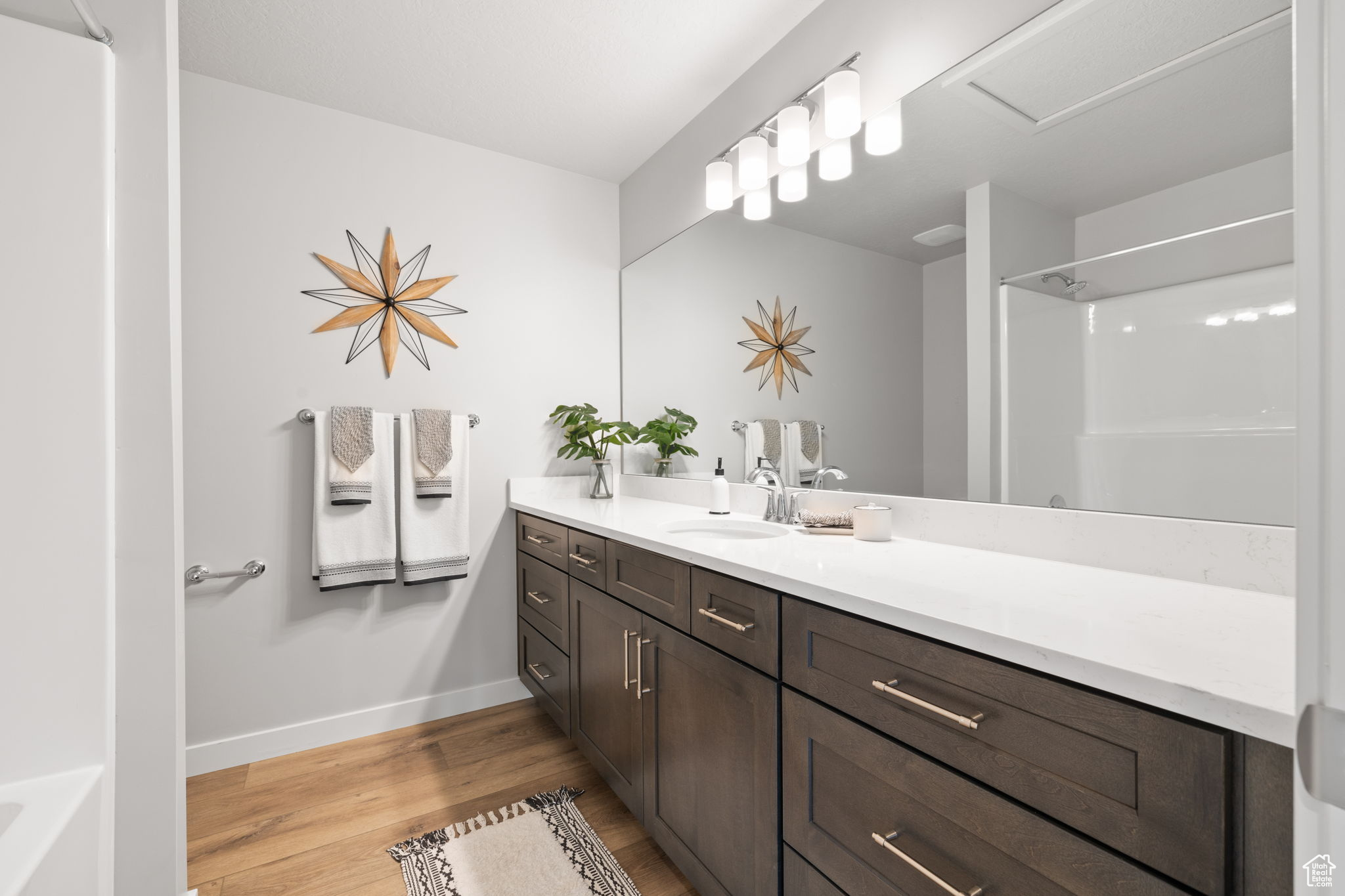 Bathroom with hardwood / wood-style floors, vanity, and walk in shower