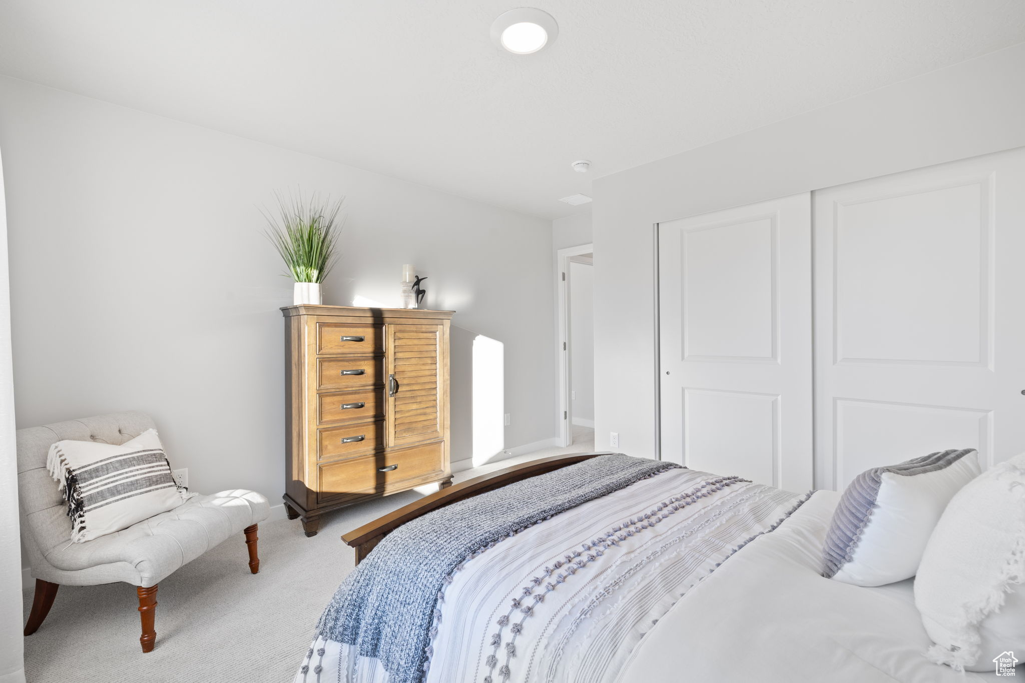 Carpeted bedroom featuring a closet