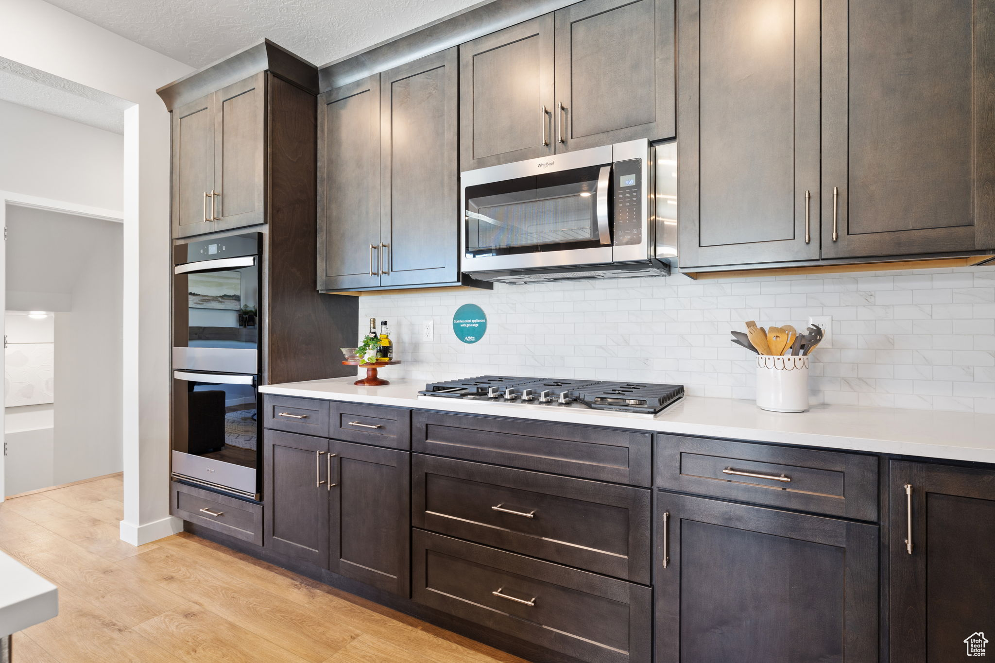 Kitchen with backsplash, light hardwood / wood-style floors, dark brown cabinetry, and stainless steel appliances