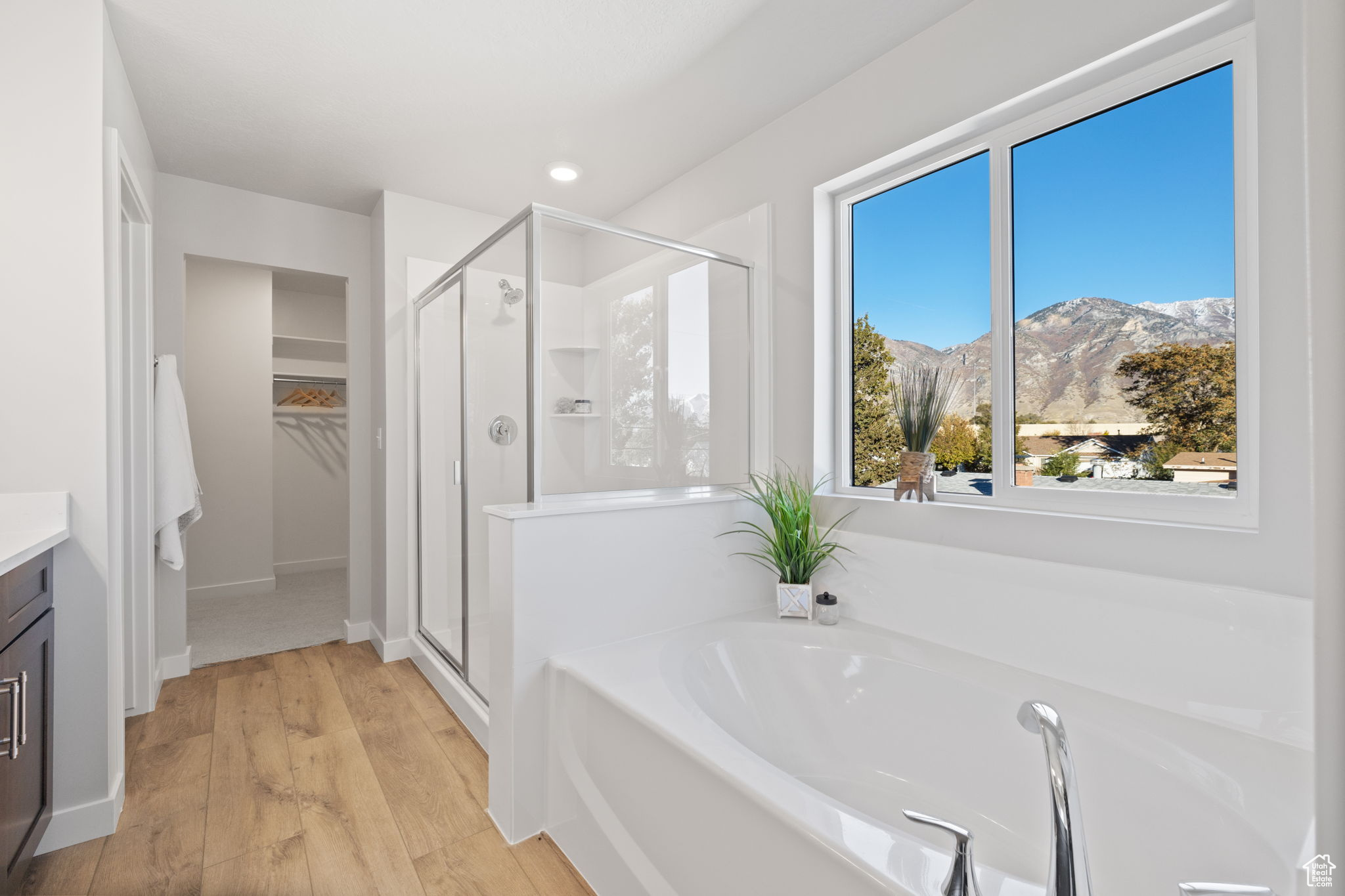 Bathroom featuring independent shower and bath, a mountain view, vanity, and wood-type flooring