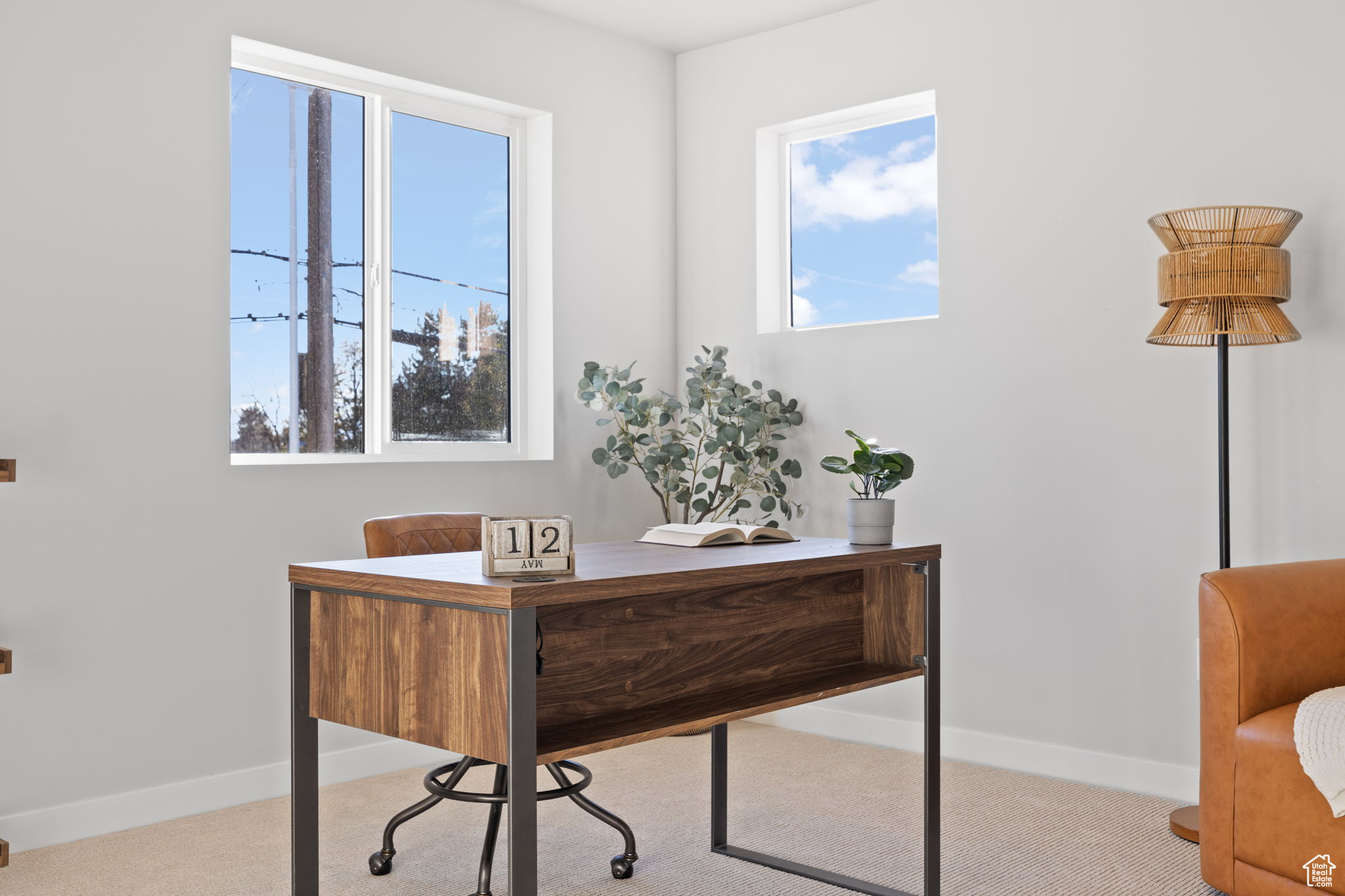 Home office featuring a healthy amount of sunlight and light colored carpet