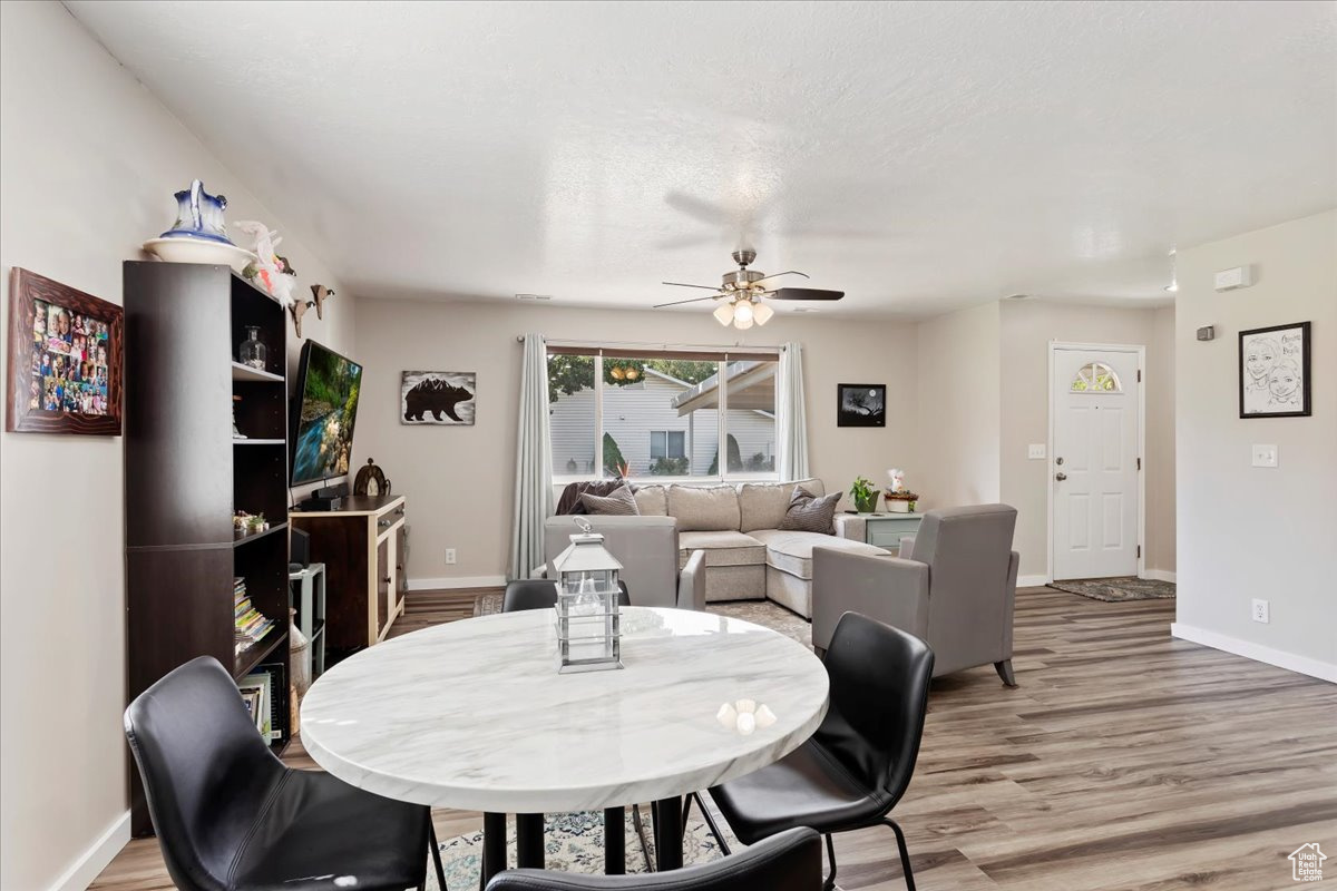 Dining space featuring ceiling fan, light hardwood / wood-style flooring, and a textured ceiling