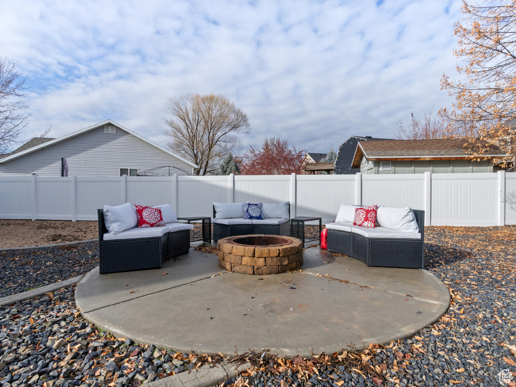 View of patio / terrace with an outdoor living space with a fire pit