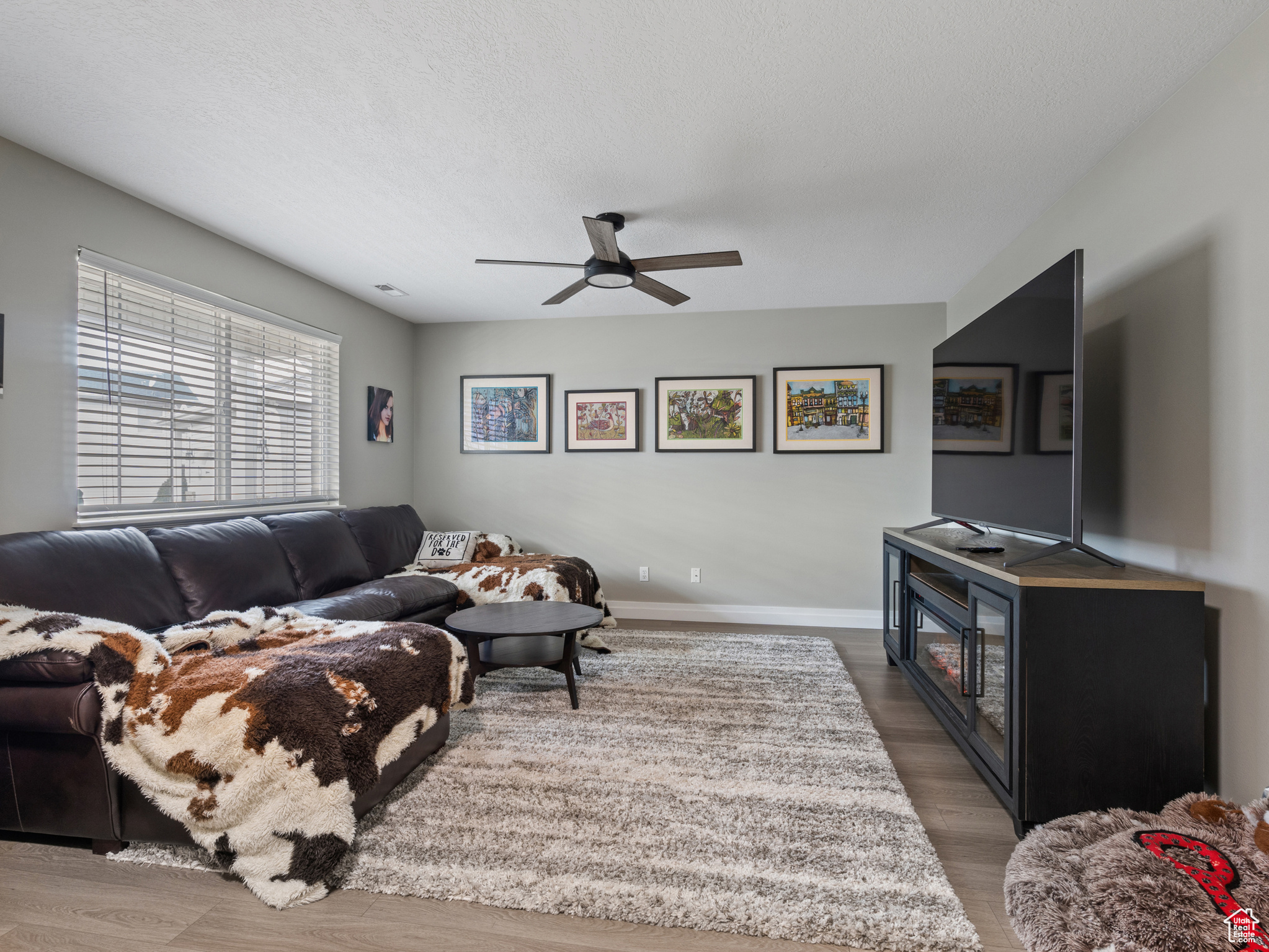 Living room featuring hardwood / wood-style floors and ceiling fan