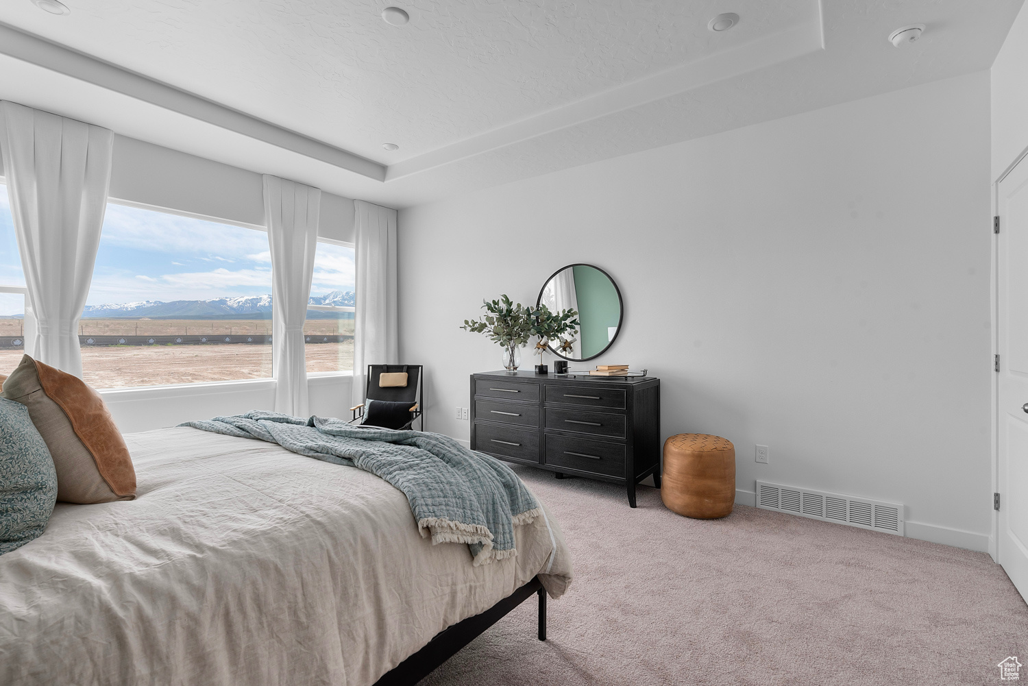 Bedroom with carpet and a raised ceiling