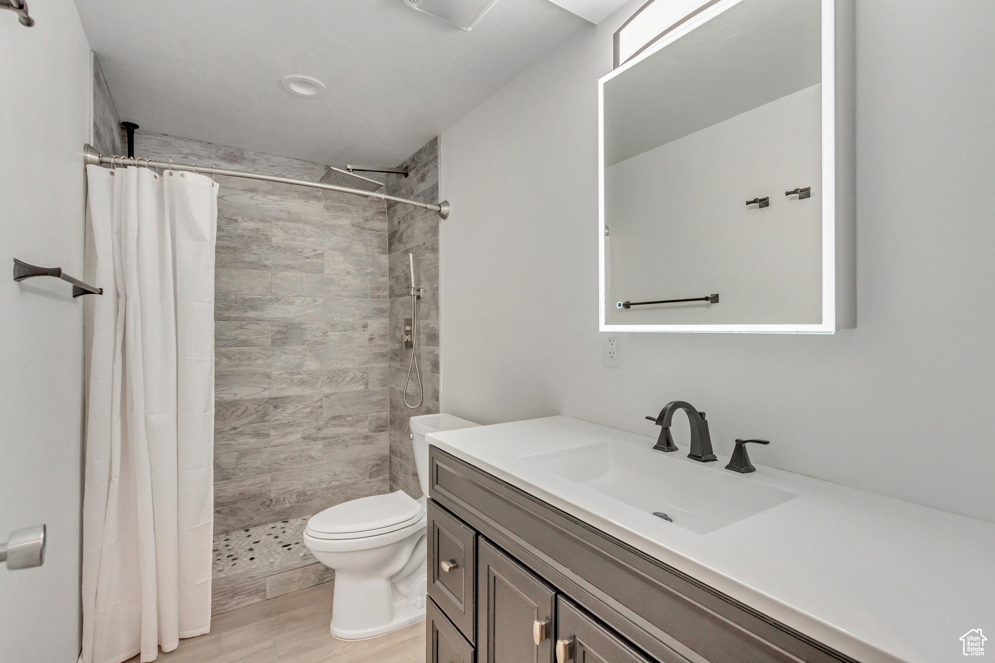 Bathroom featuring wood-type flooring, vanity, toilet, and walk in shower