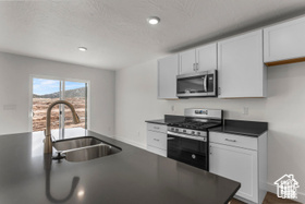 Kitchen with stainless steel appliances, white cabinetry, and sink