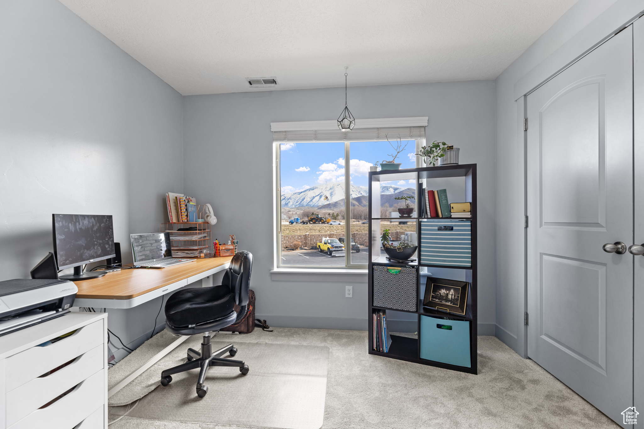 Carpeted home office featuring a mountain view and a healthy amount of sunlight