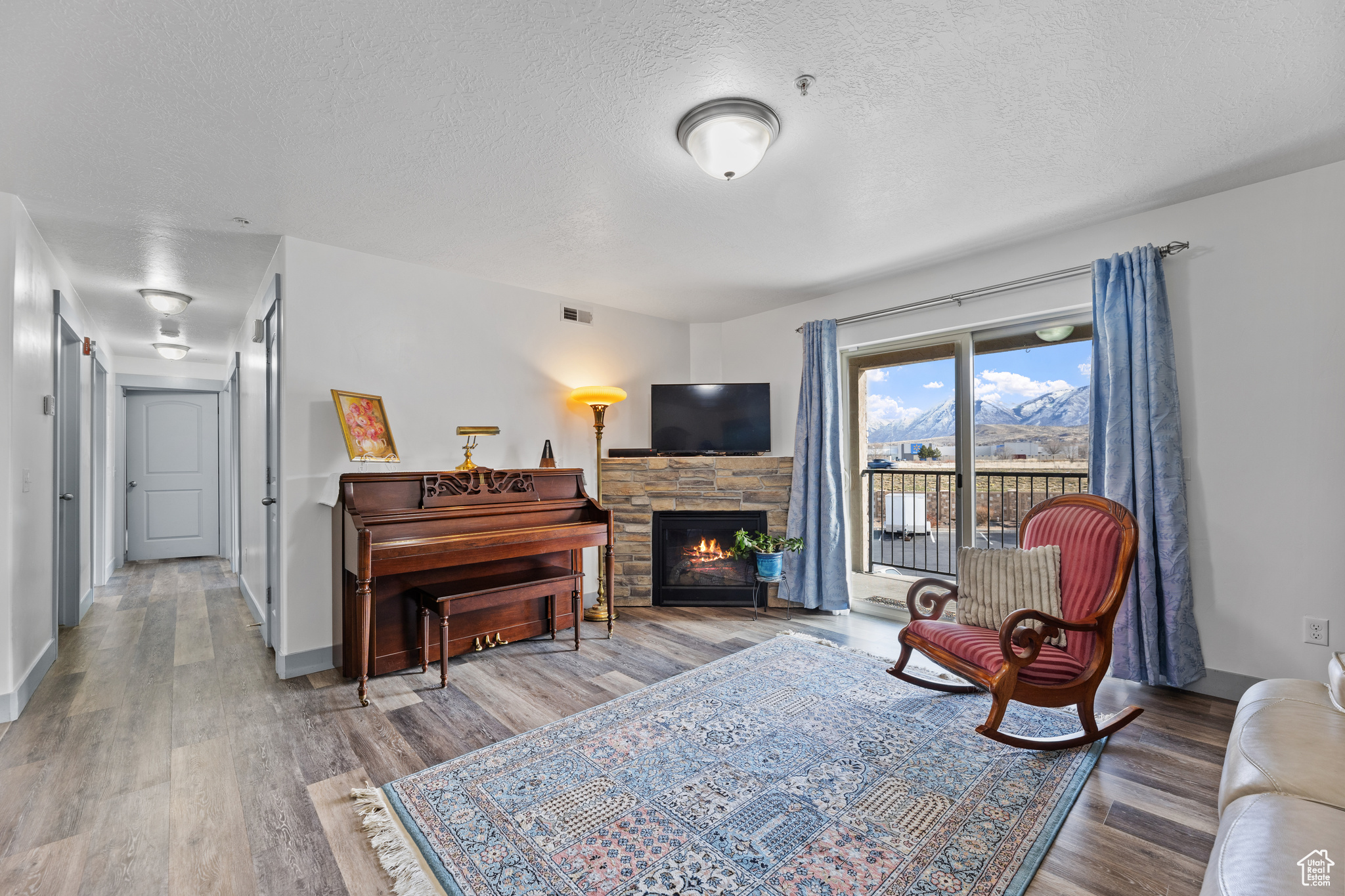 Living room featuring a stone fireplace, wood-type flooring, and a textured ceiling