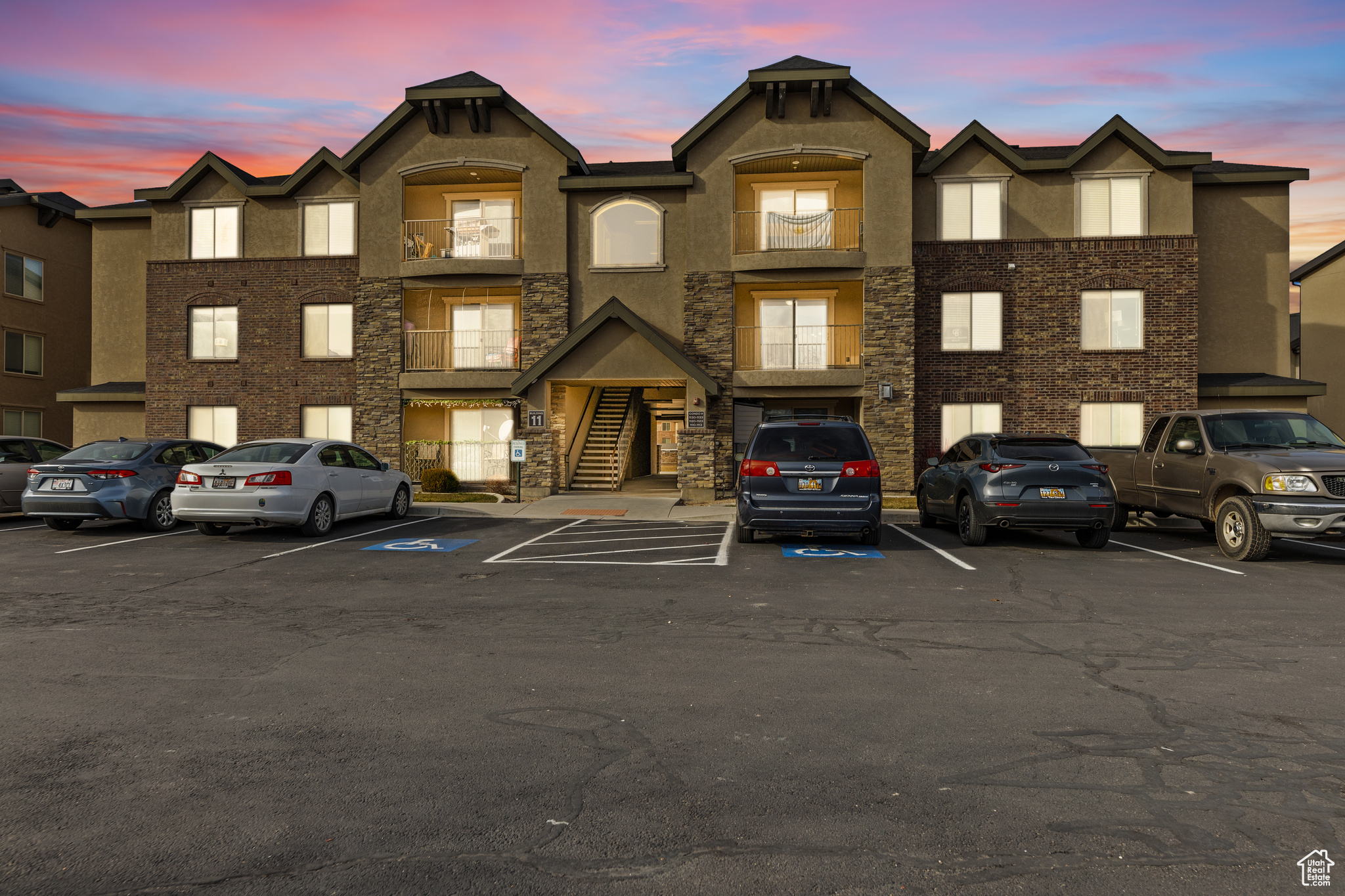 View of outdoor building at dusk