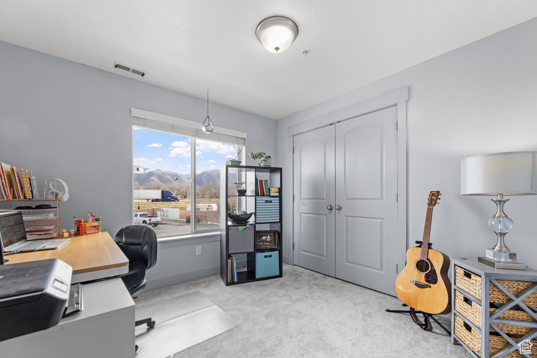 Carpeted home office with a mountain view