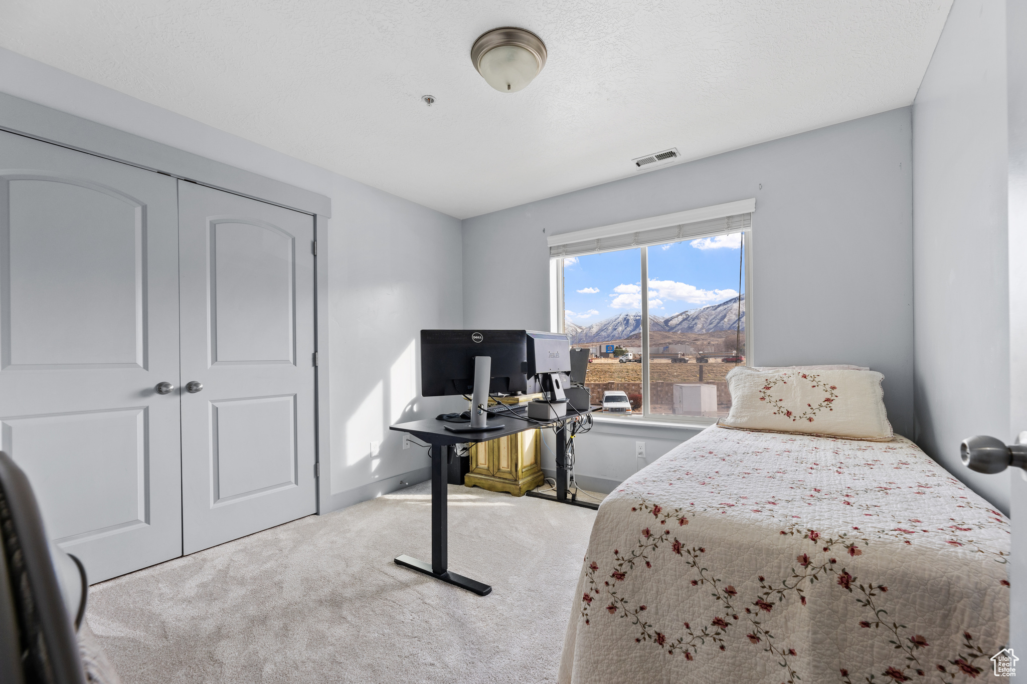 Carpeted bedroom featuring a closet