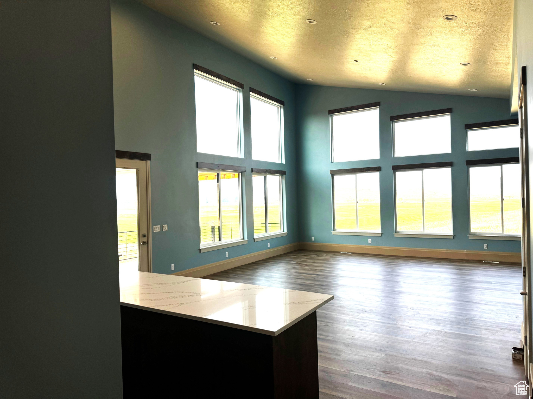 Interior space with dark hardwood / wood-style flooring, a textured ceiling, and high vaulted ceiling